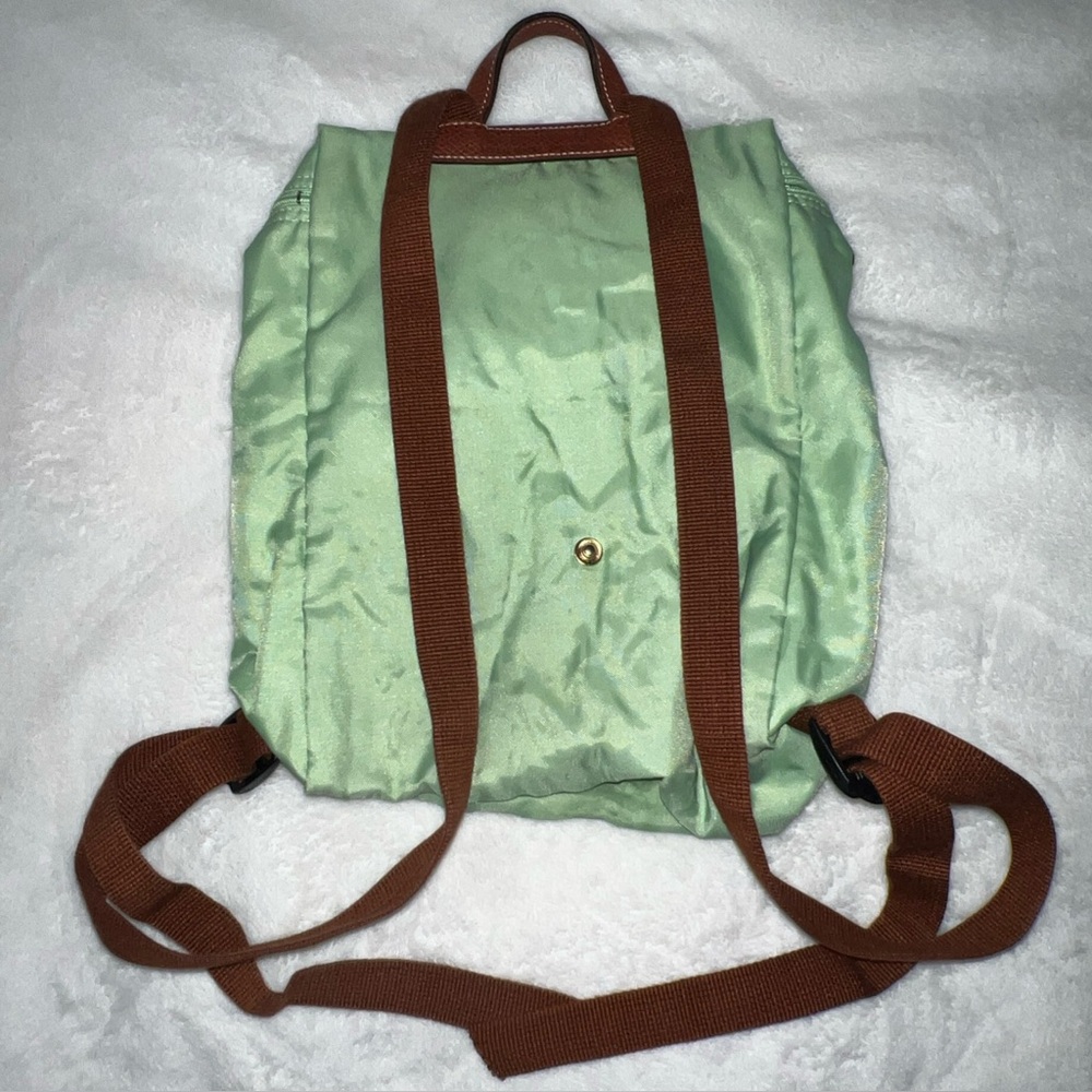 Longchamp Le Pliage Original Foldable Backpack Pretty Green with Brown Leather - Picture 13 of 16